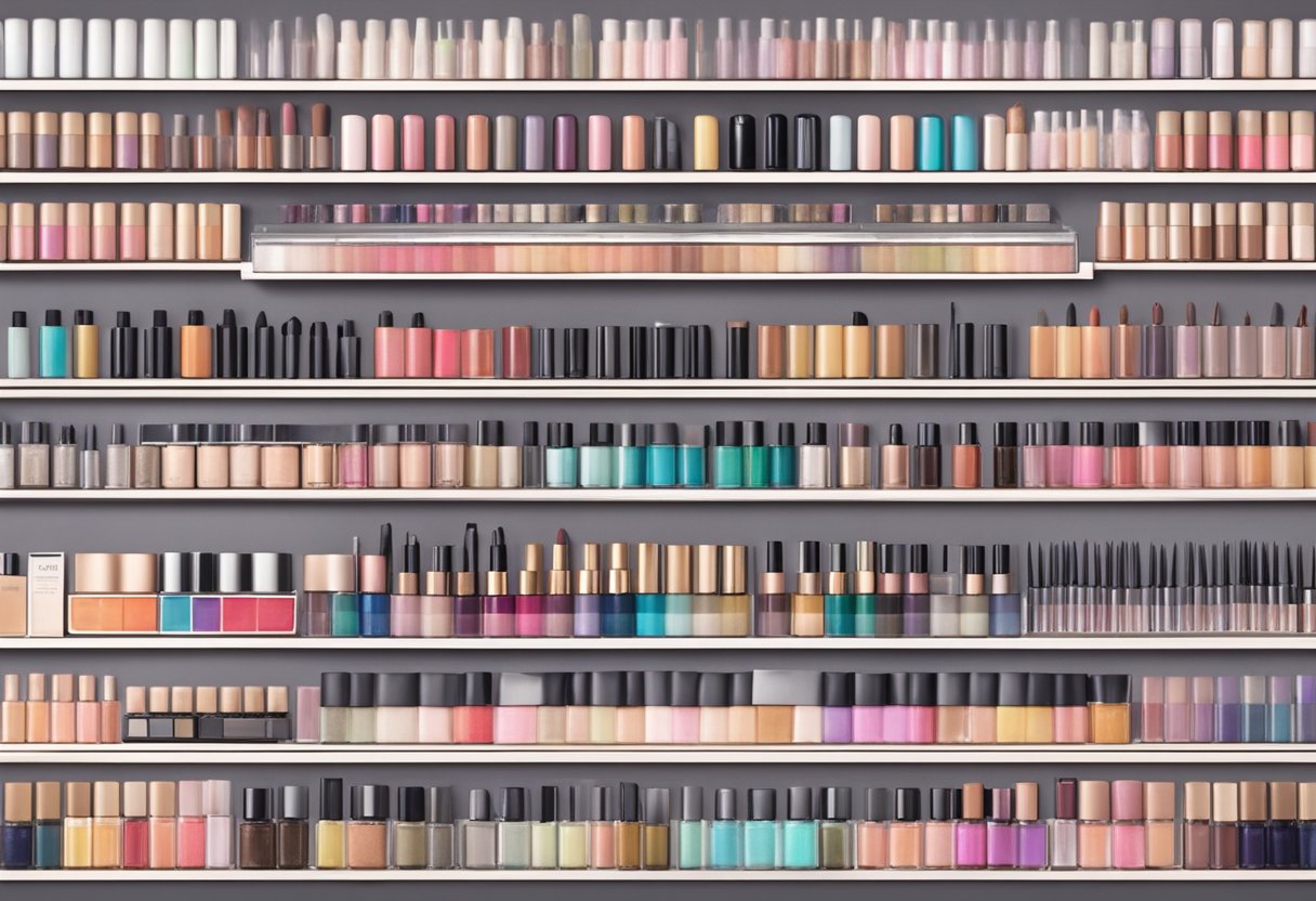 A display of best Japanese makeup brands: colorful eyeshadow palettes, sleek liquid eyeliners, and elegant foundation bottles on a clean, modern shelf