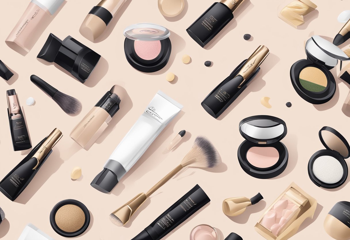 A sleek, minimalist Japanese makeup brand logo surrounded by high-quality ingredients and precise formulation standards