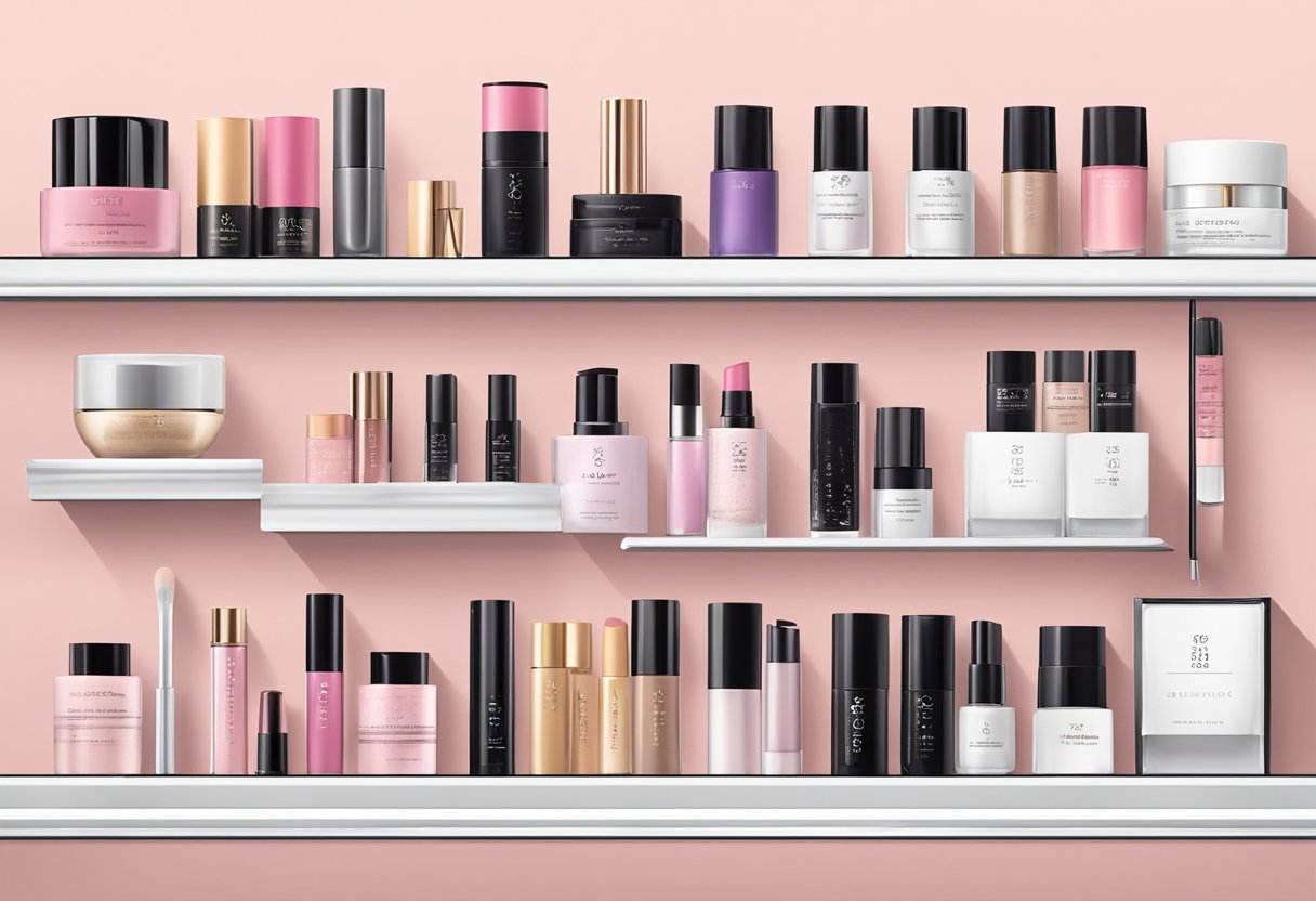A display of popular Japanese makeup brands arranged on a sleek, minimalist shelf with clean, modern packaging