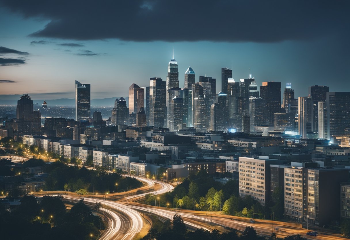 A bustling city skyline with a mix of commercial and residential buildings, surrounded by green spaces and connected by busy roads and public transportation