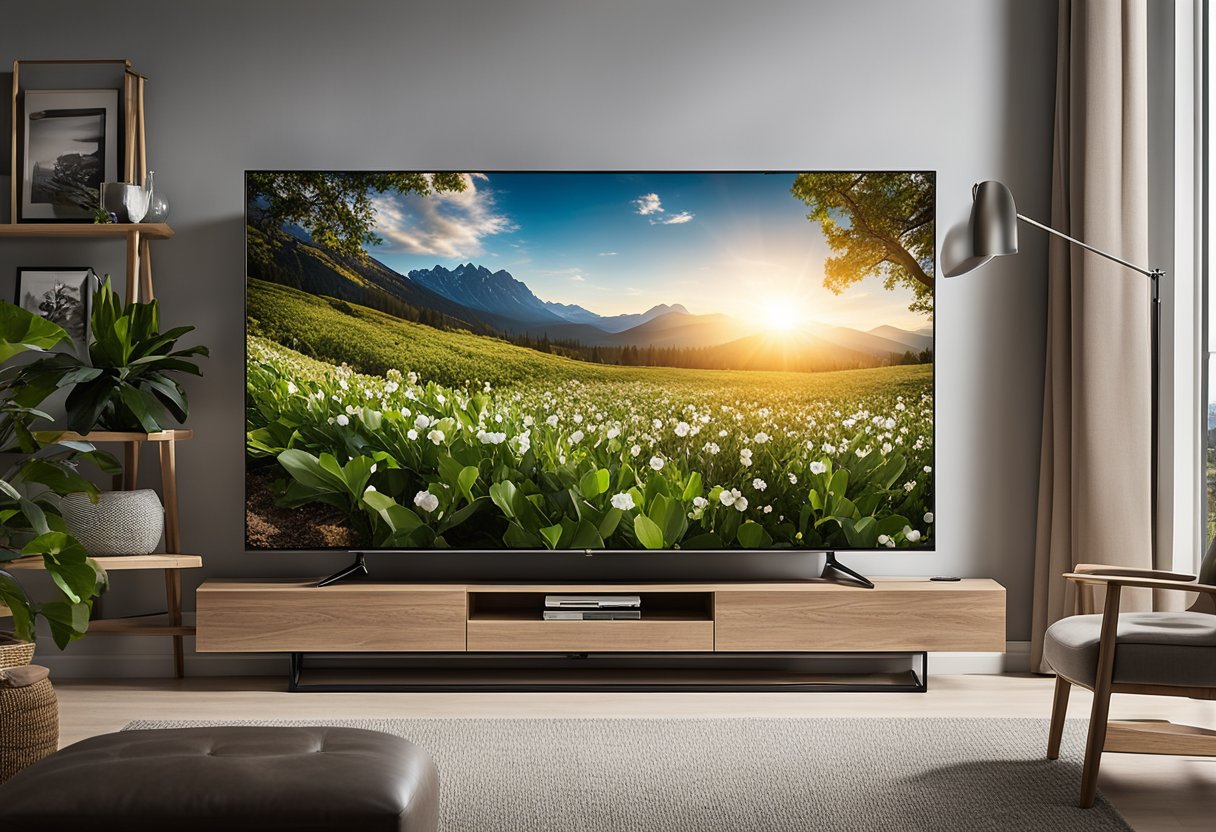 Uma TV Samsung Crystal UHD BU8000 sendo utilizada em uma sala de estar moderna e ecológica, com decoração sustentável e móveis duráveis.