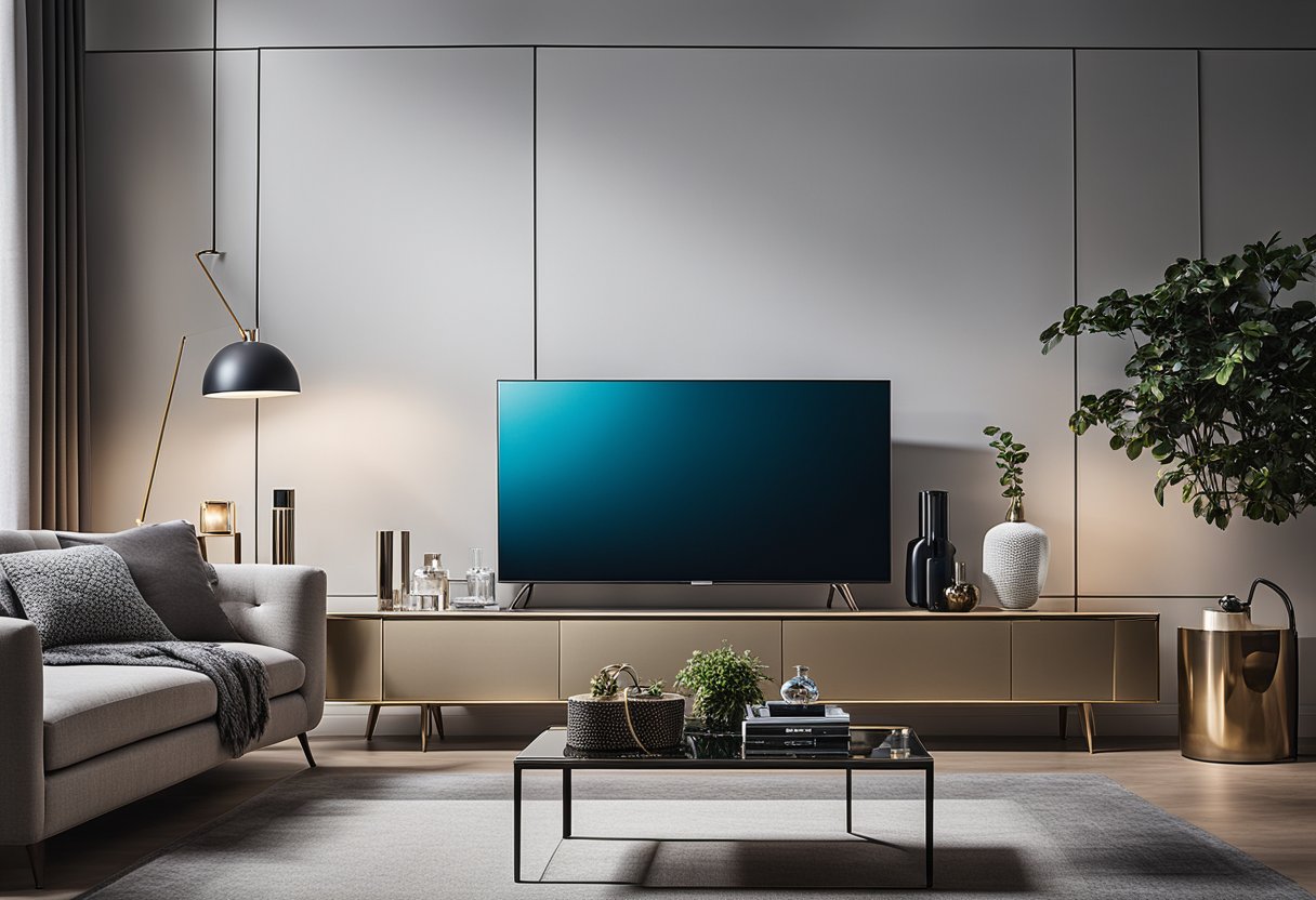 Uma sala de estar elegante e moderna com uma TV Samsung Crystal UHD BU8000 como ponto focal, cercada por acessórios estilosos e decoração complementar.