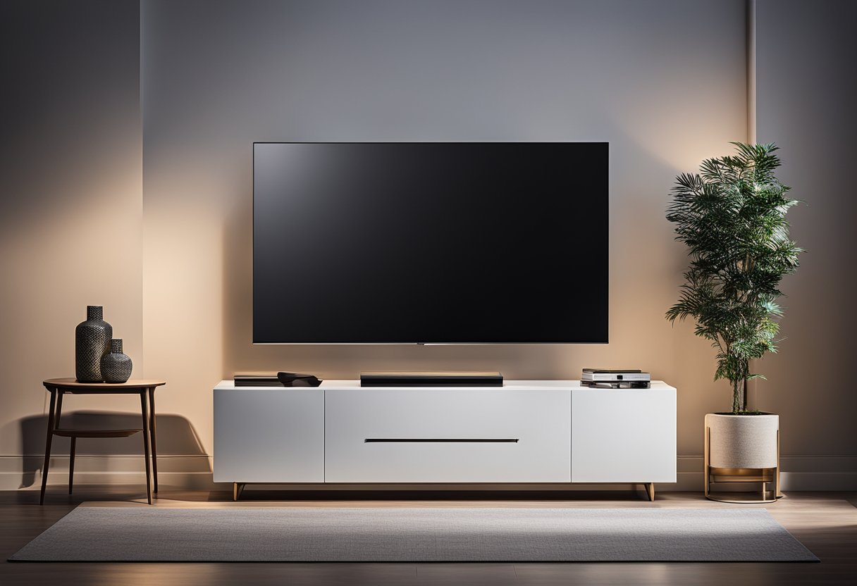 Uma elegante TV Samsung Crystal UHD BU8000 está em uma moderna unidade de entretenimento, cercada por uma suave iluminação ambiente e decoração minimalista.