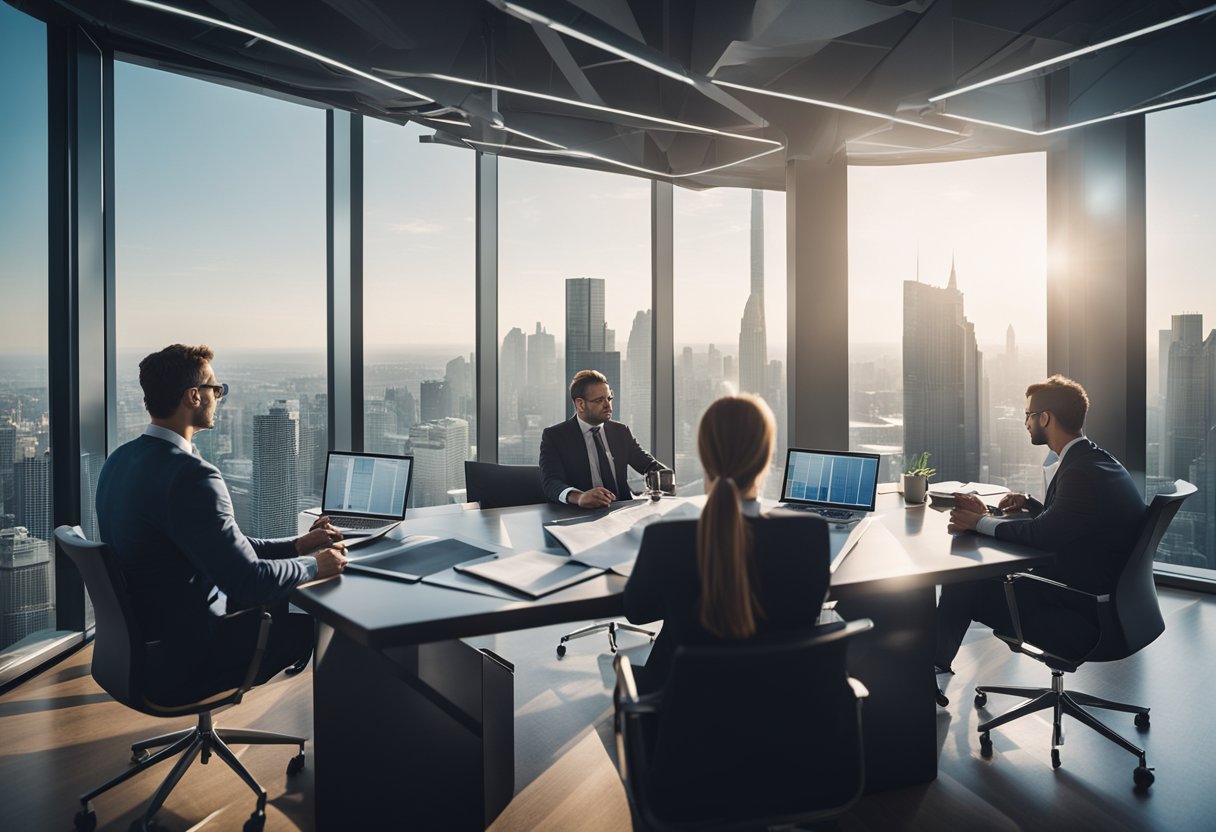 A group of investors review blueprints and financial charts in a sleek, modern office overlooking a city skyline