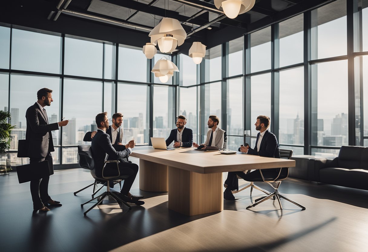 A group of investors discussing and reviewing a list of frequently asked questions about prefab hotel investing in a modern office setting