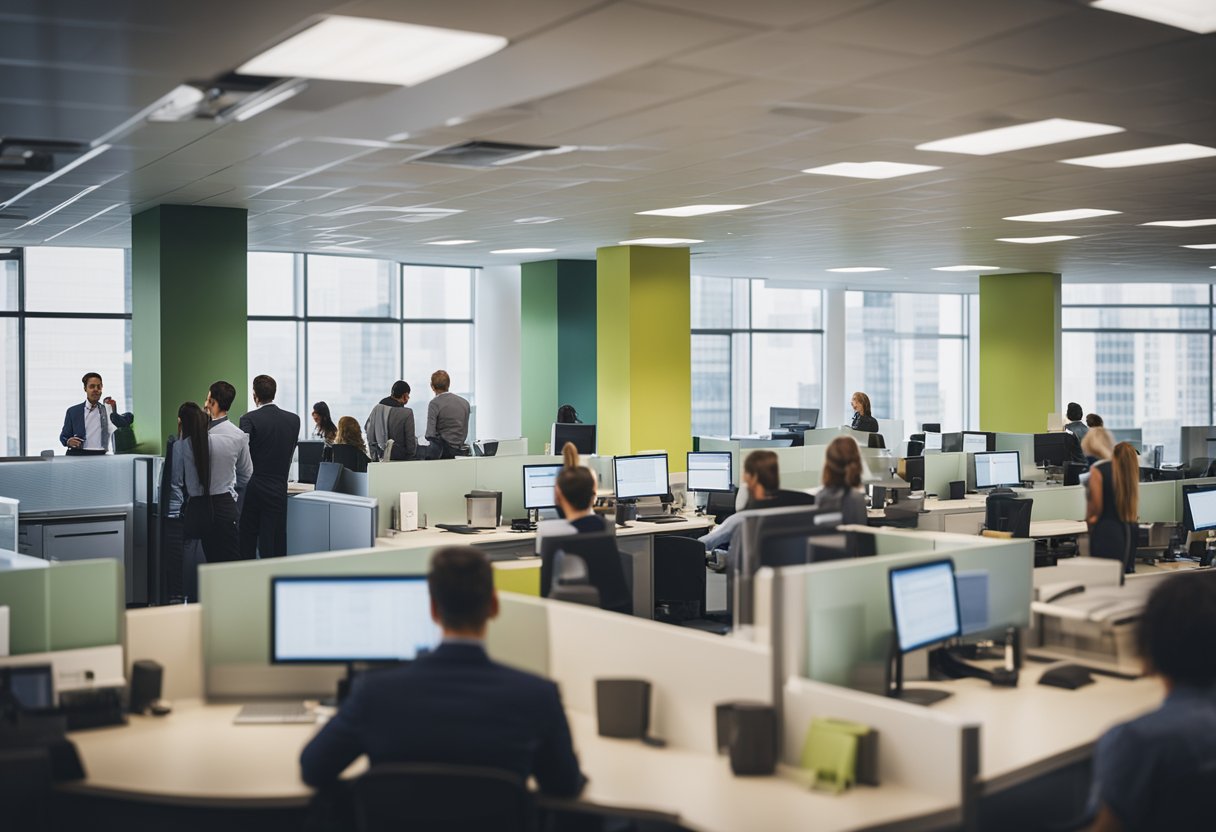 A busy office with people lining up to inquire about building permits