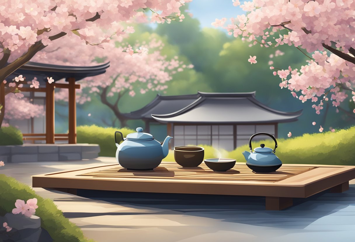 A traditional Japanese tea ceremony set in a serene garden with a backdrop of cherry blossoms and a traditional wooden tea house