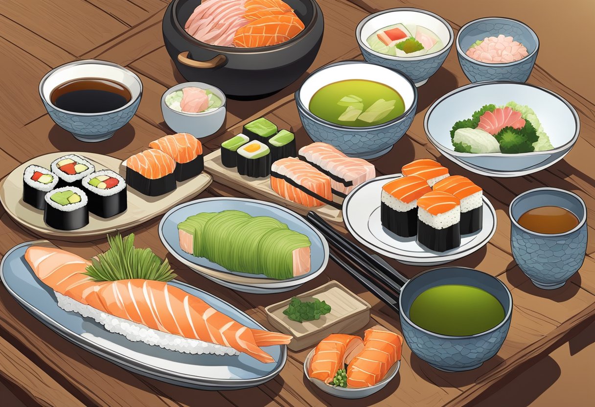 A traditional Japanese meal set on a wooden table, featuring sushi, sashimi, miso soup, pickled vegetables, and a cup of green tea