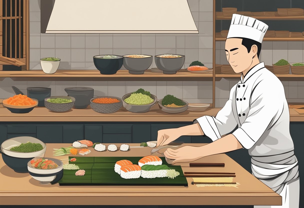 A chef using a bamboo rolling mat to make sushi rolls, surrounded by various traditional Japanese ingredients like rice, nori, and fresh fish