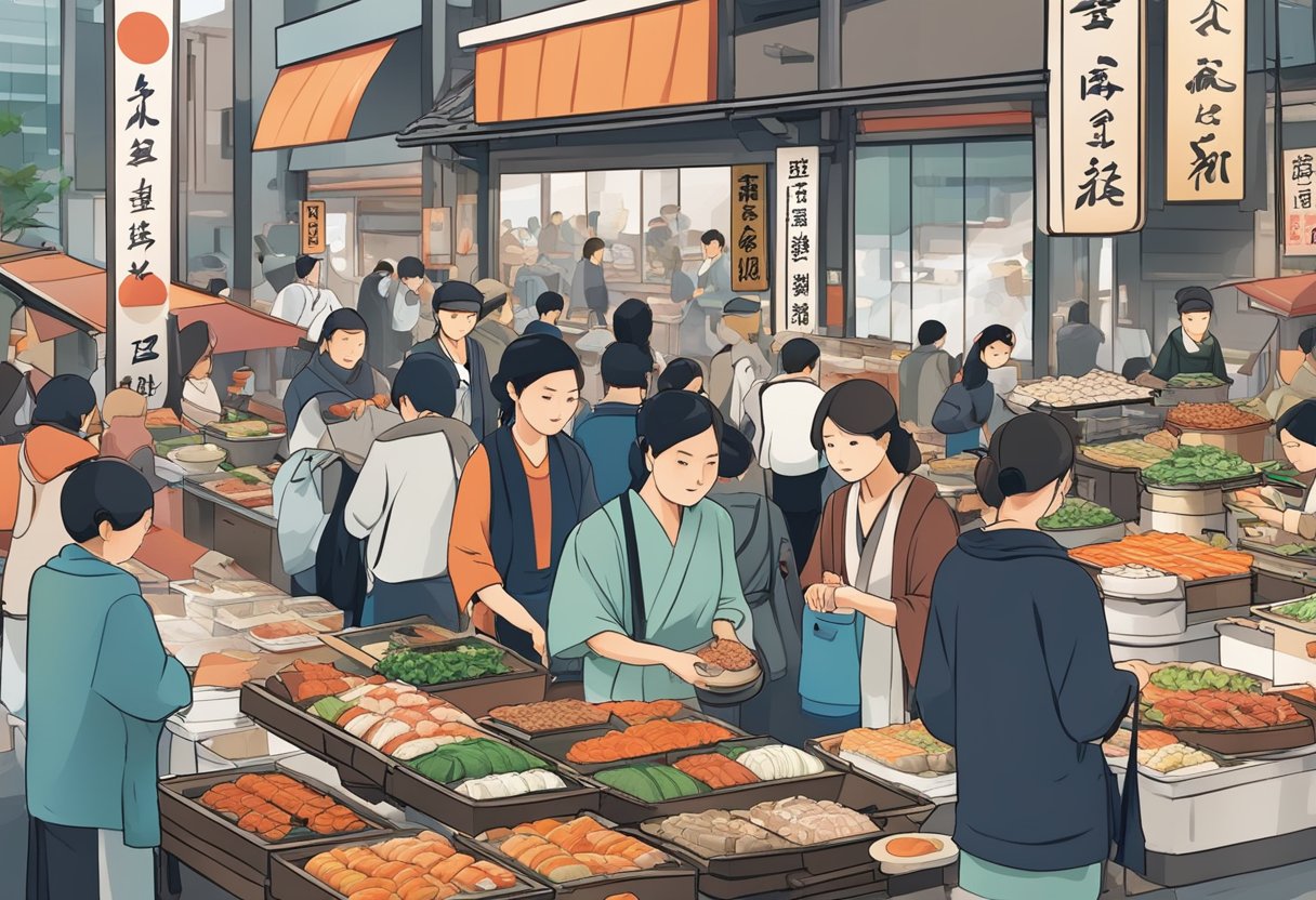 A bustling Japanese street market with vendors selling a variety of traditional and modern Japanese dishes, including sushi, ramen, and bento boxes