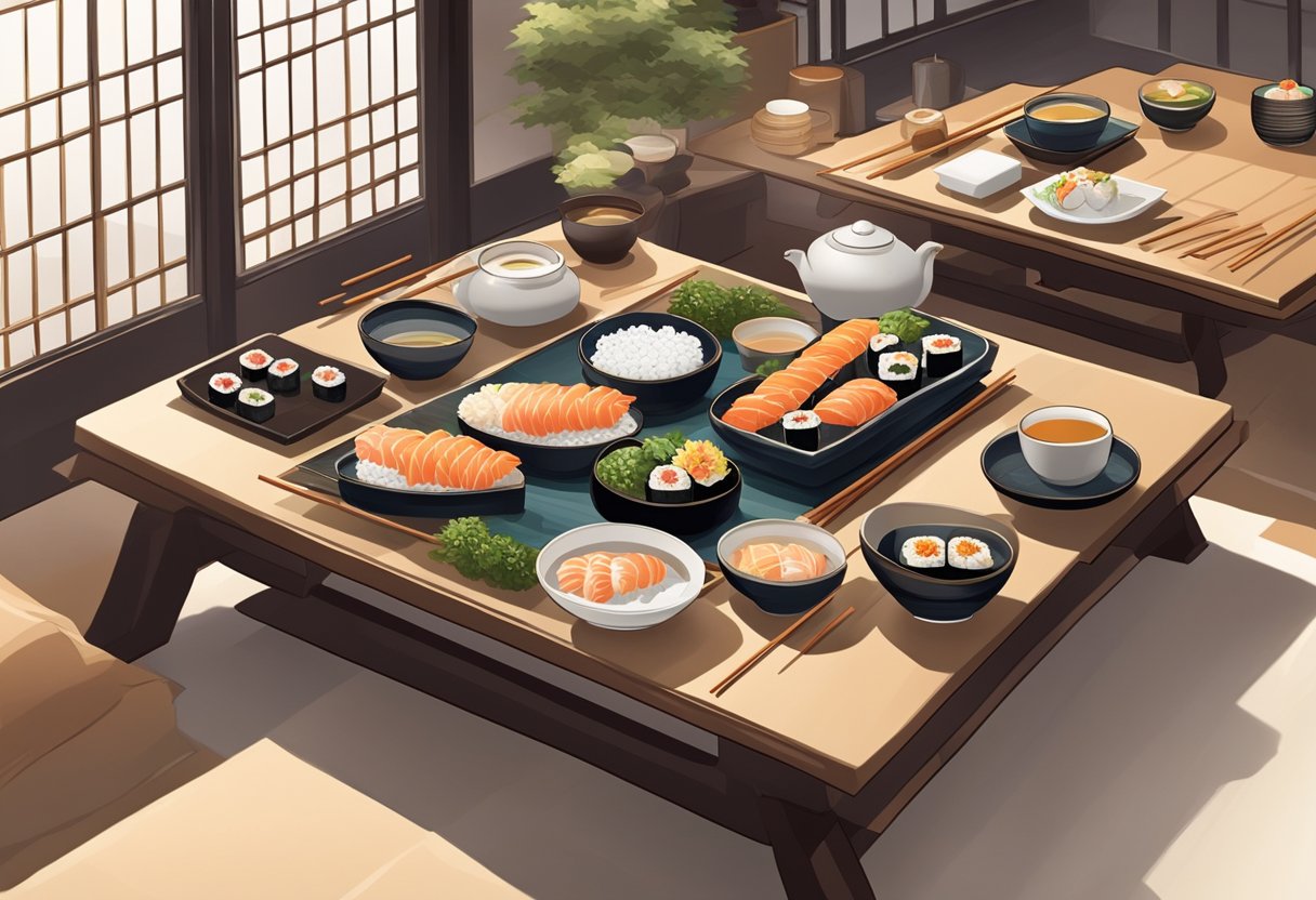 A traditional Japanese dining setting with low tables, floor cushions, and elegant tableware. Sushi, sashimi, and tea are carefully arranged on the table