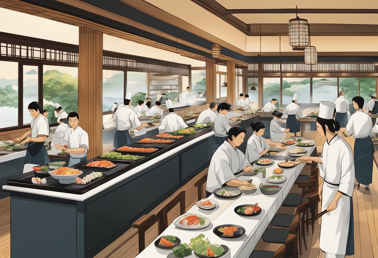 A bustling Japanese restaurant with chefs preparing sushi and sashimi, while diners enjoy traditional dishes in a modern, elegant setting