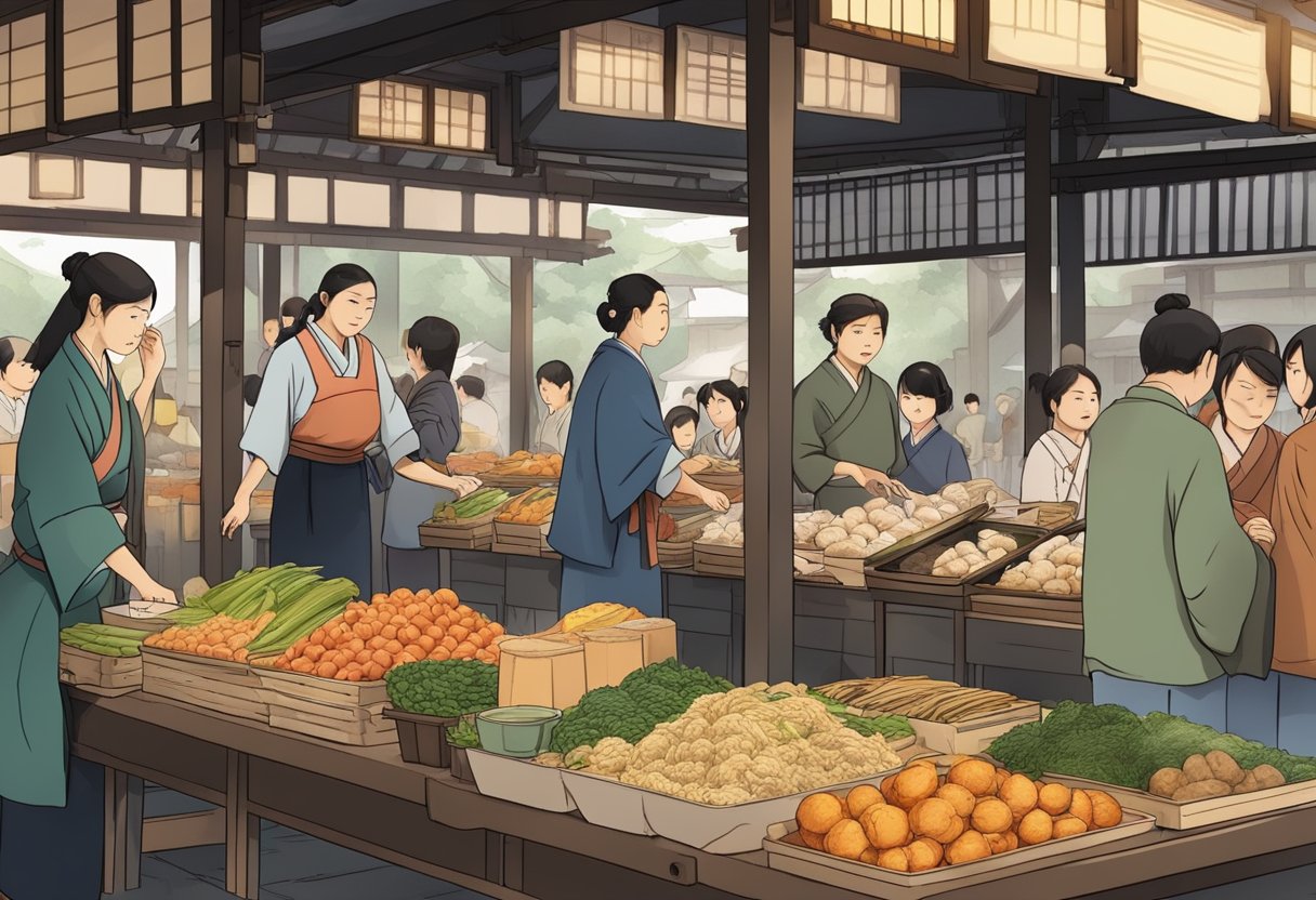 A traditional Japanese food market with vendors and customers asking questions
