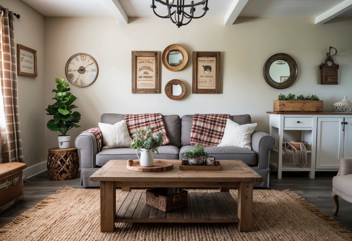 A cozy farmhouse living room with a rustic wooden coffee table, plaid throw blankets, and vintage-inspired wall art