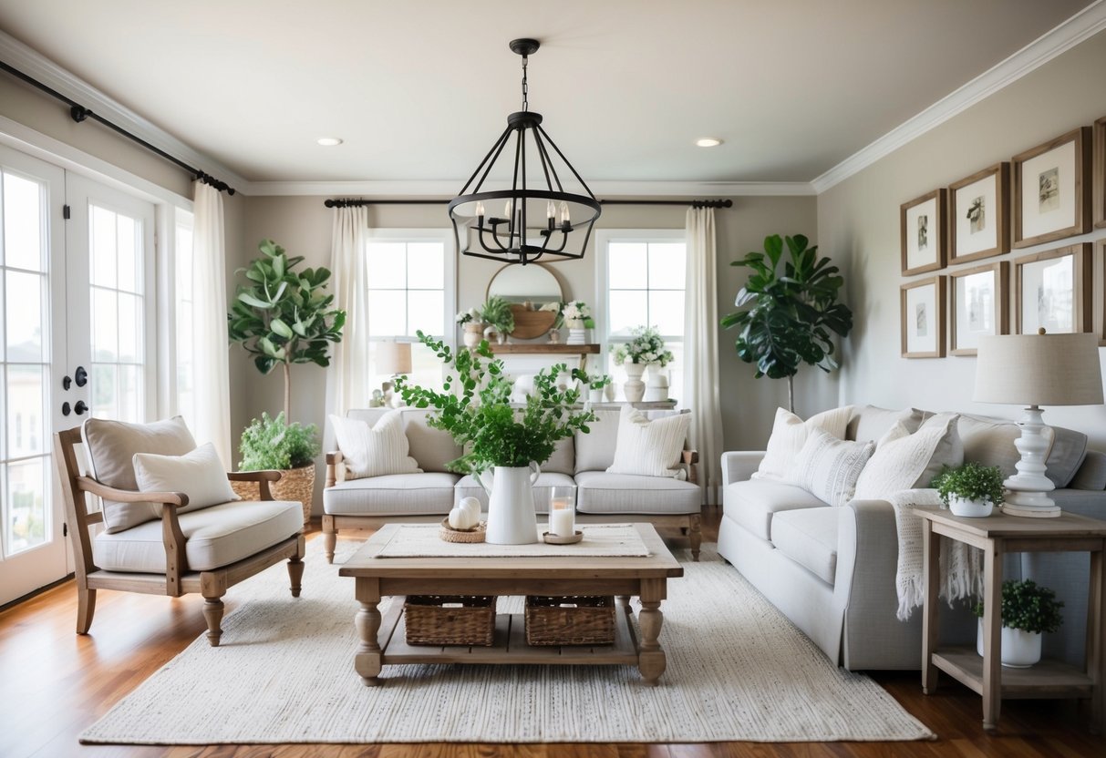 A cozy farmhouse living room with neutral colors, wooden furniture, and plenty of greenery