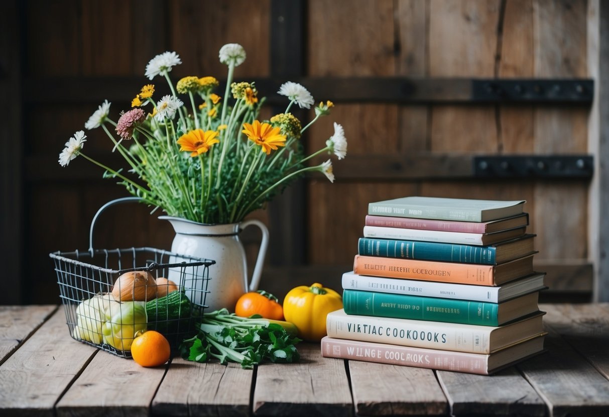 A rustic wooden table with a vase of wildflowers, a wire basket of fresh produce, and a stack of vintage cookbooks
