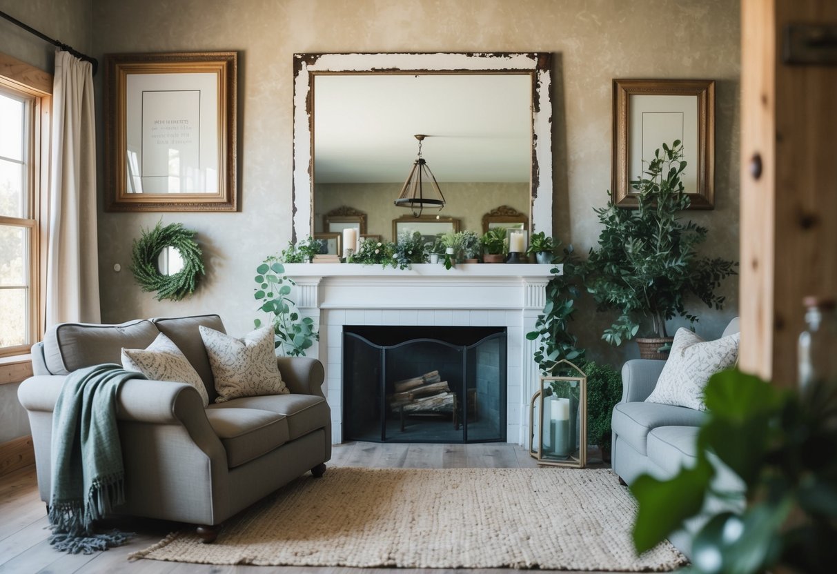 A rustic farmhouse living room with a large distressed mirror, surrounded by vintage frames and greenery
