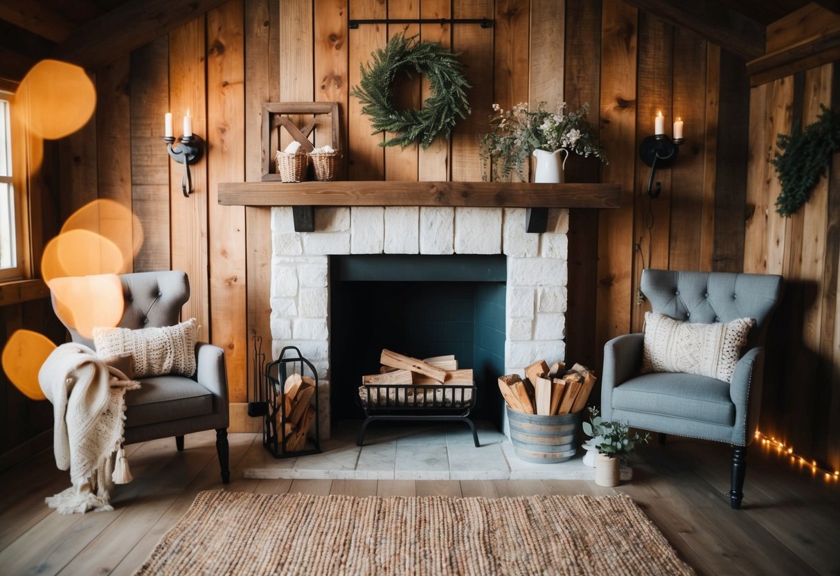 A rustic farmhouse fireplace with a firewood holder, surrounded by cozy decor and warm lighting