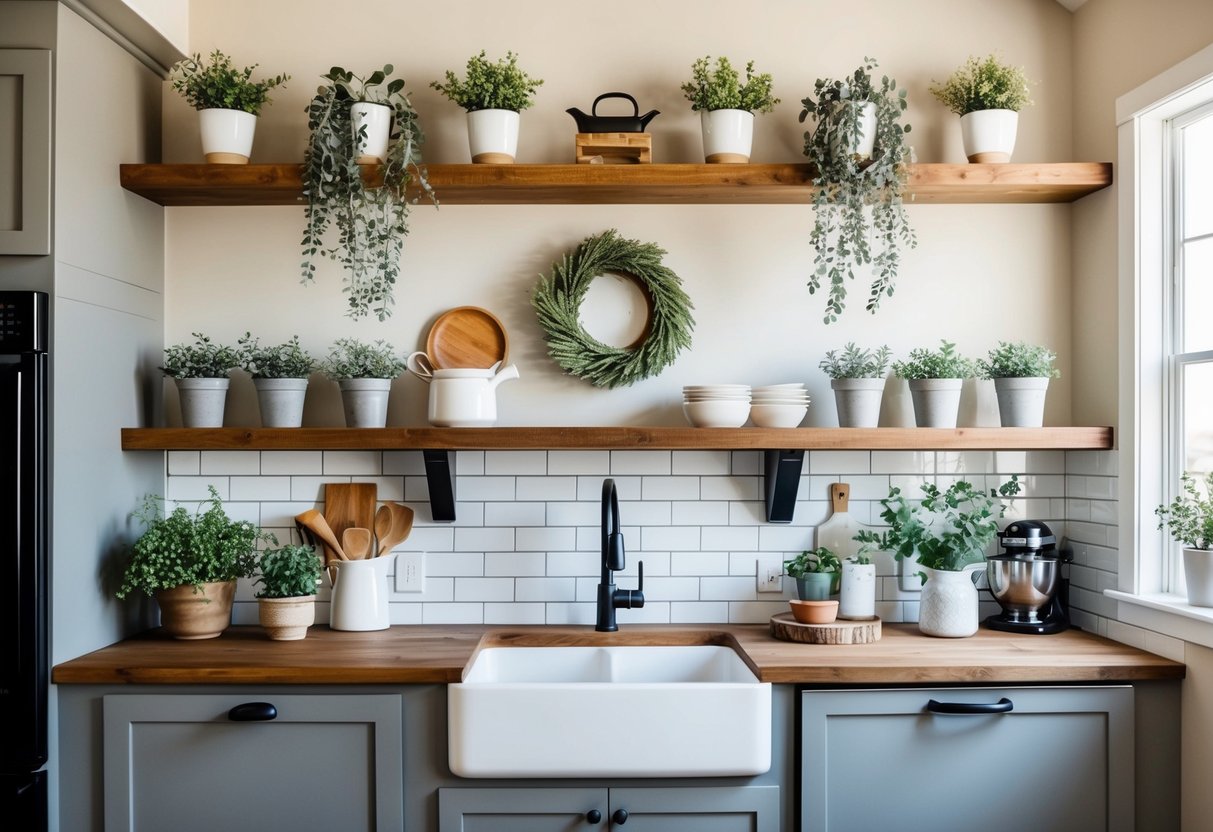A rustic farmhouse kitchen with floating shelves adorned with potted greenery and decorative accents