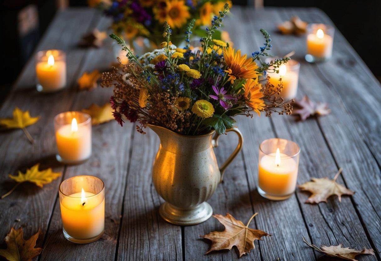 A rustic wooden table adorned with a bouquet of wildflowers in a vintage pitcher, surrounded by flickering candles in glass holders and scattered autumn leaves