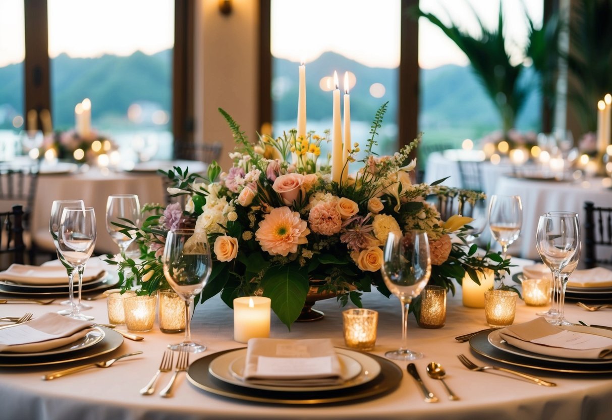 A dining table adorned with a lush floral centerpiece, surrounded by flickering candles and elegant place settings