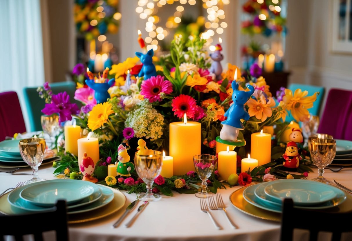 A colorful array of fresh flowers, candles, and playful figurines adorn the dining table centerpieces, creating a lively and festive atmosphere