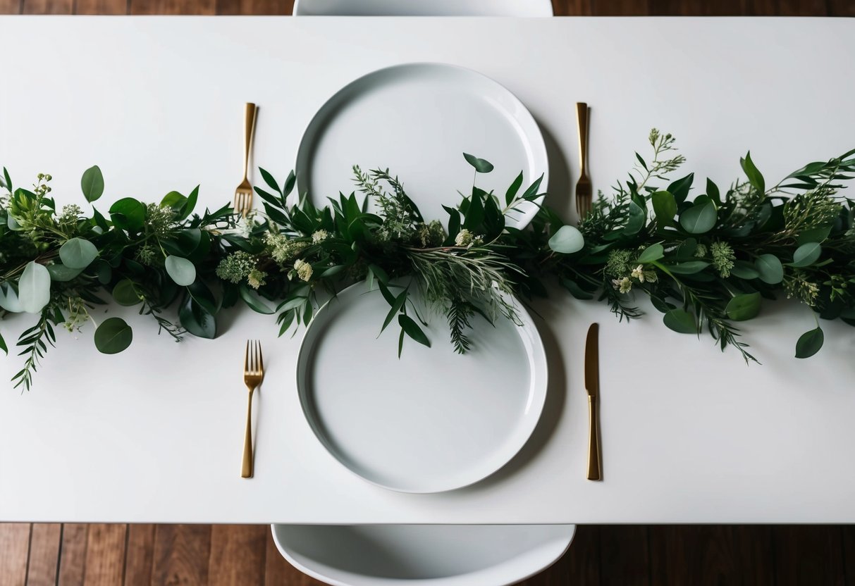 A simple white dining table adorned with a lush greenery centerpiece