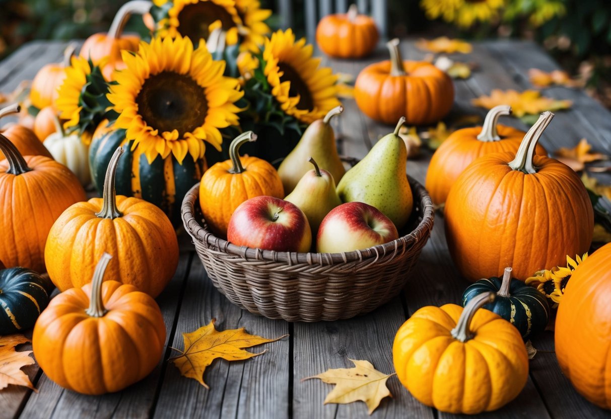 A rustic wooden table adorned with pumpkins, gourds, sunflowers, and autumn leaves. A woven basket filled with apples and pears sits in the center