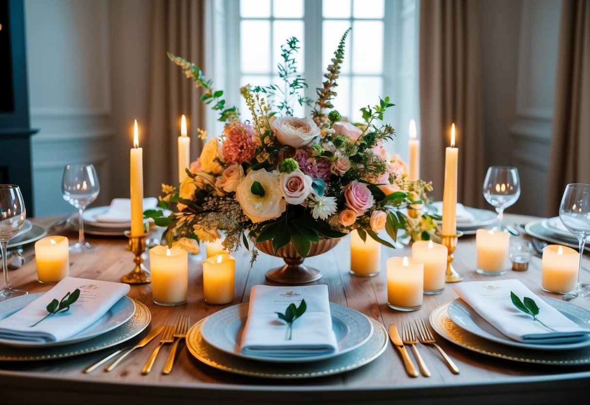 A dining table with a floral centerpiece surrounded by lit candles and elegant place settings