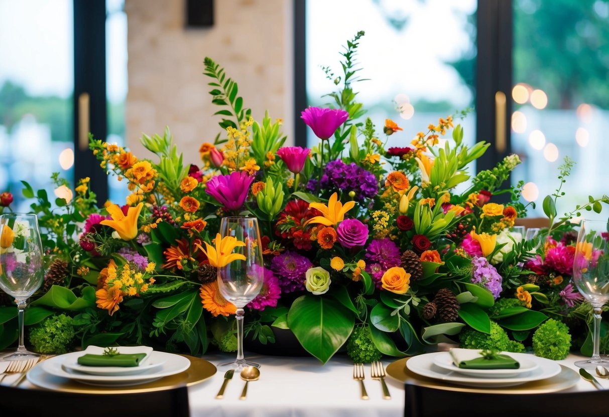 A lush arrangement of colorful flowers and greenery adorns a dining table, creating a vibrant and elegant centerpiece