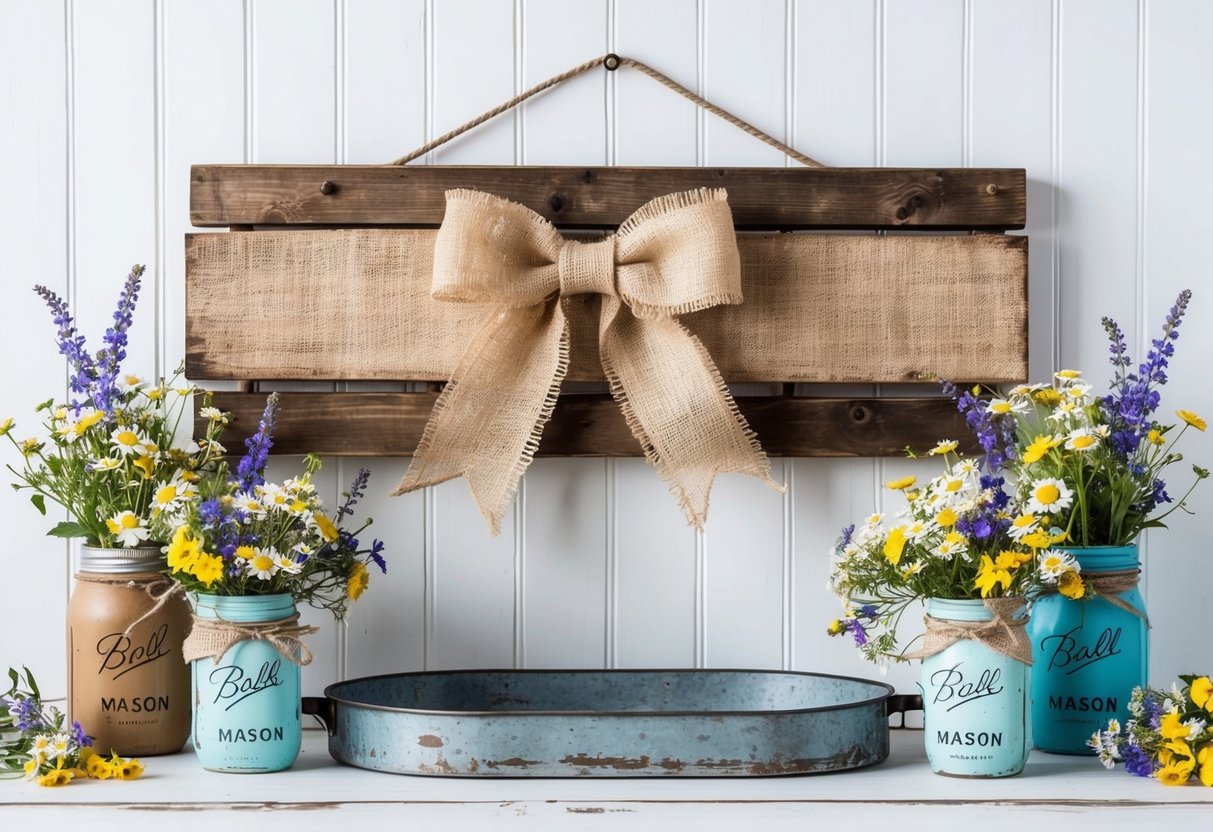 A rustic wooden sign with a burlap bow hanging on a whitewashed wall, surrounded by mason jars filled with wildflowers and a distressed metal tray