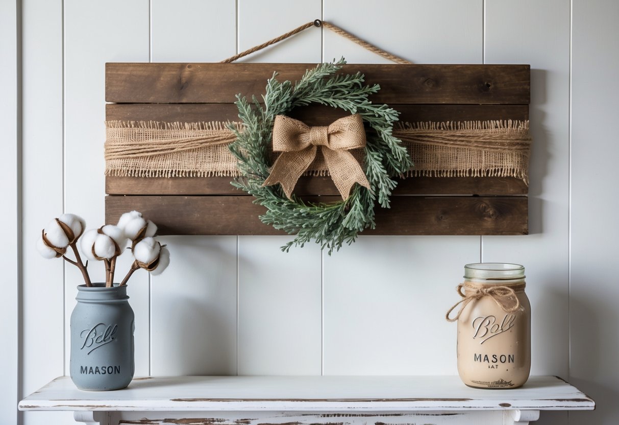 A rustic wooden sign with twine, faux greenery, and burlap bow hangs on a whitewashed wall. A mason jar vase with cotton stems sits on a distressed shelf