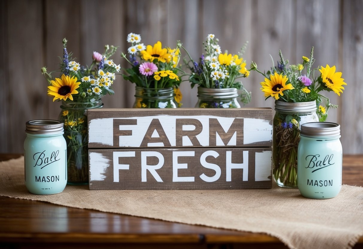 A rustic wooden sign with "Farm Fresh" painted on it, surrounded by mason jars filled with wildflowers and a burlap table runner