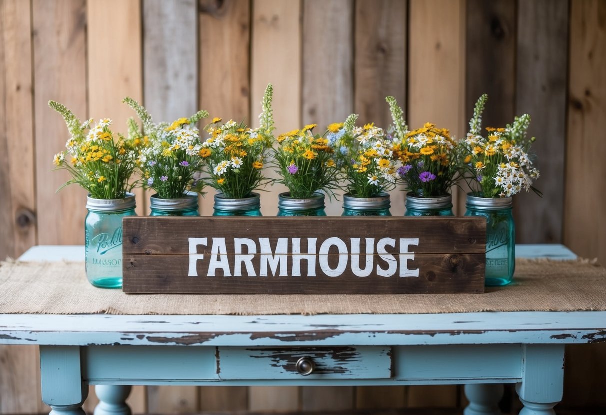 A rustic wooden sign with "Farmhouse" painted on it, surrounded by mason jars filled with wildflowers and a burlap table runner on a distressed table