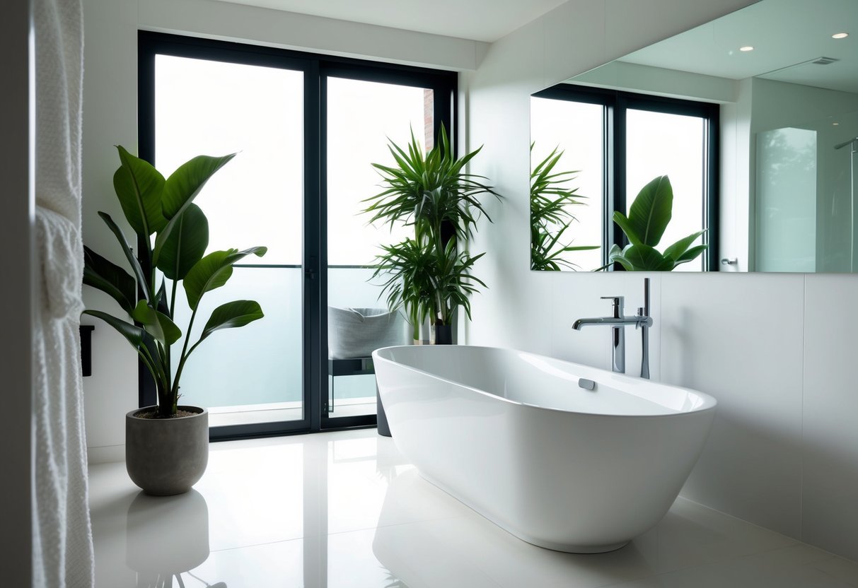 A modern bathroom with a sleek, white freestanding bathtub, a large mirror, and minimalist decor. A potted plant adds a touch of greenery