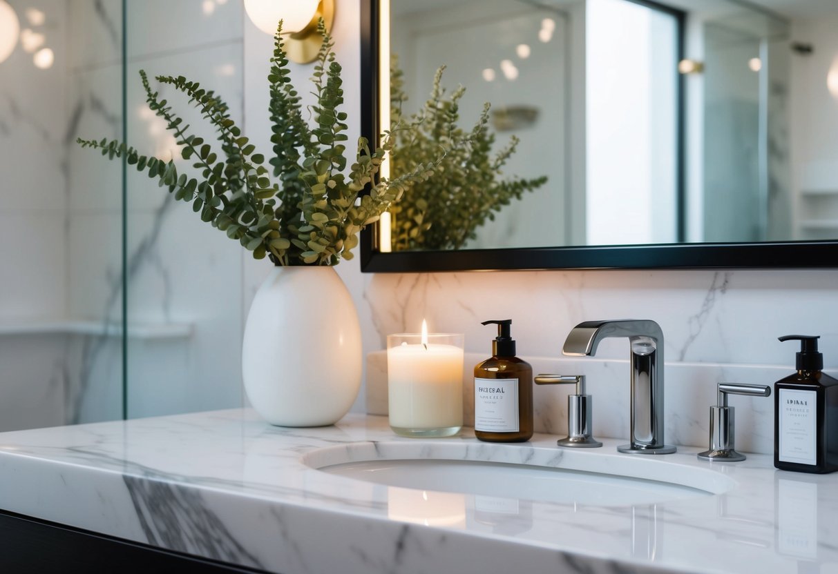 A sleek marble counter with a white vase of greenery, a scented candle, and neatly arranged toiletries