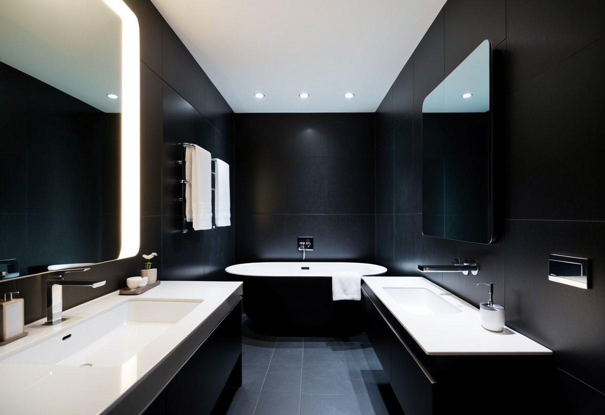 A bathroom with dark walls, adorned with modern decor and a sleek, minimalist design