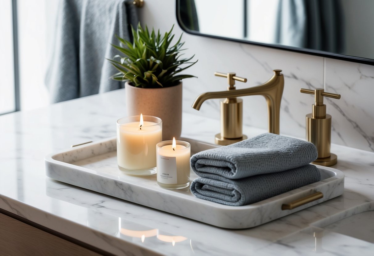 A sleek marble tray holds scented candles, a potted plant, and neatly folded towels in an elegant bathroom