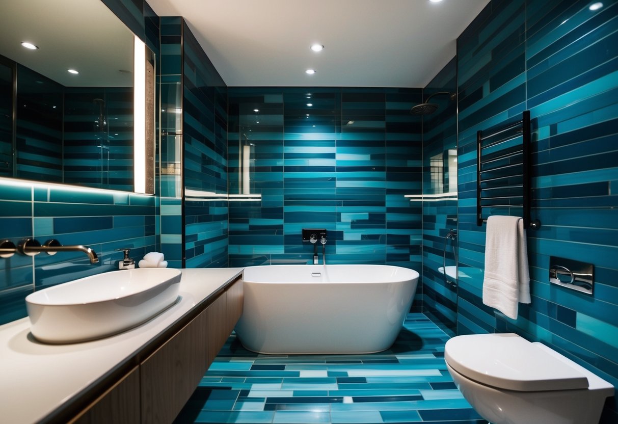 A bathroom with a bold accent wall and modern, cool-toned tiles