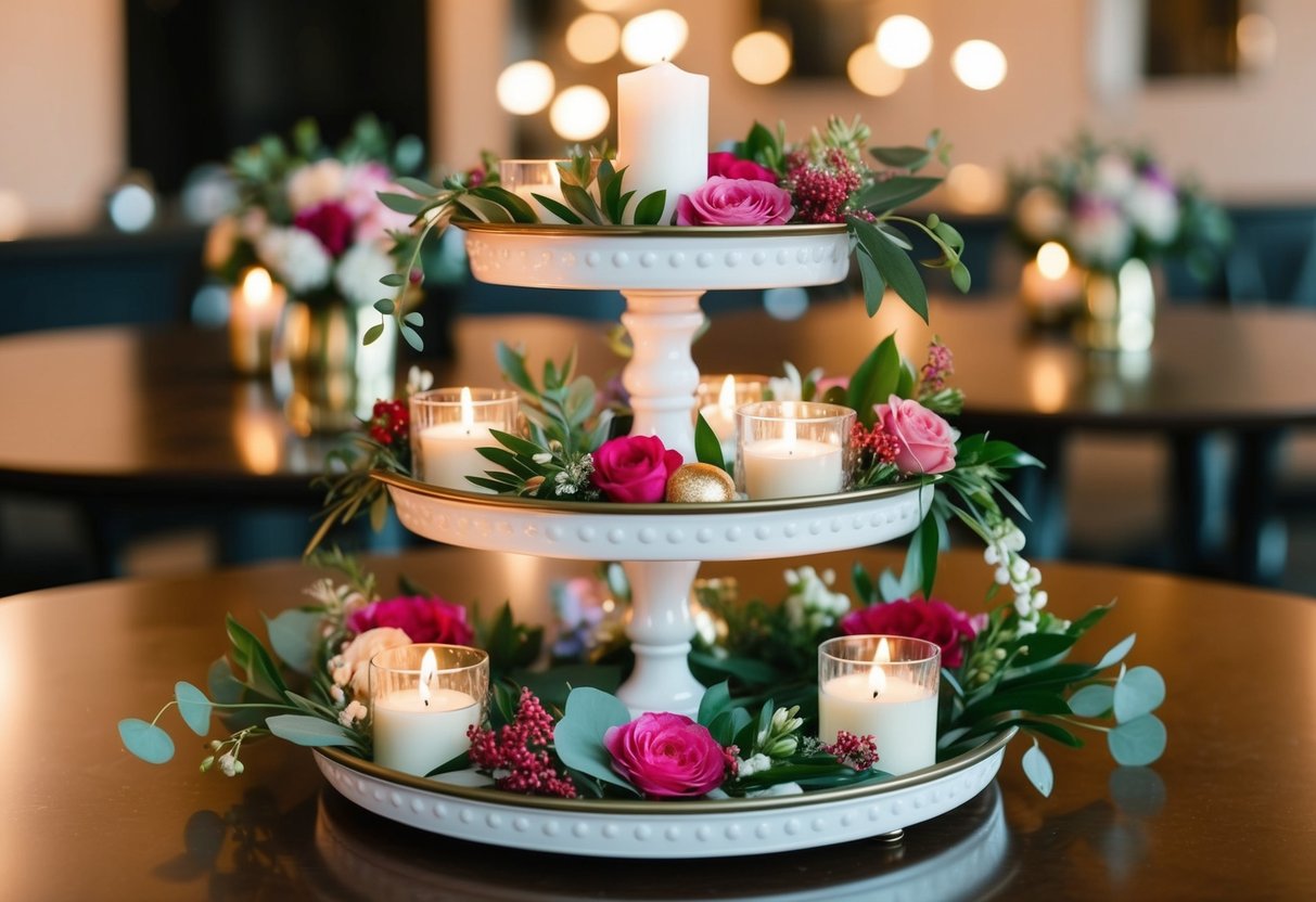 A tiered tray adorned with floral arrangements, candles, and small decorative objects