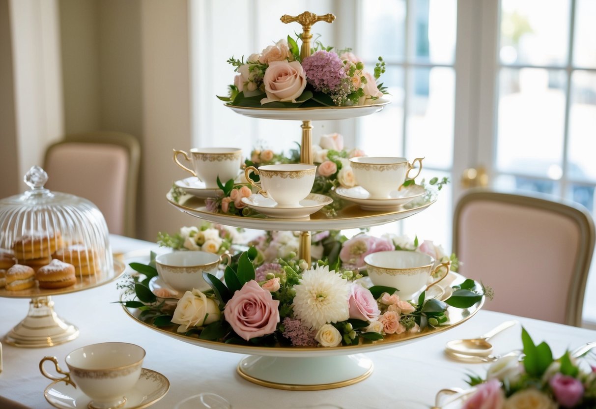 A tiered tray adorned with elegant floral arrangements, vintage teacups, and delicate pastries, creating a charming and inviting display