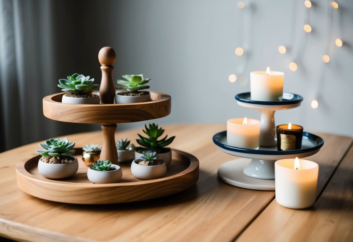 A wooden tiered tray holds succulents, while a ceramic tiered tray showcases candles and small decorative objects