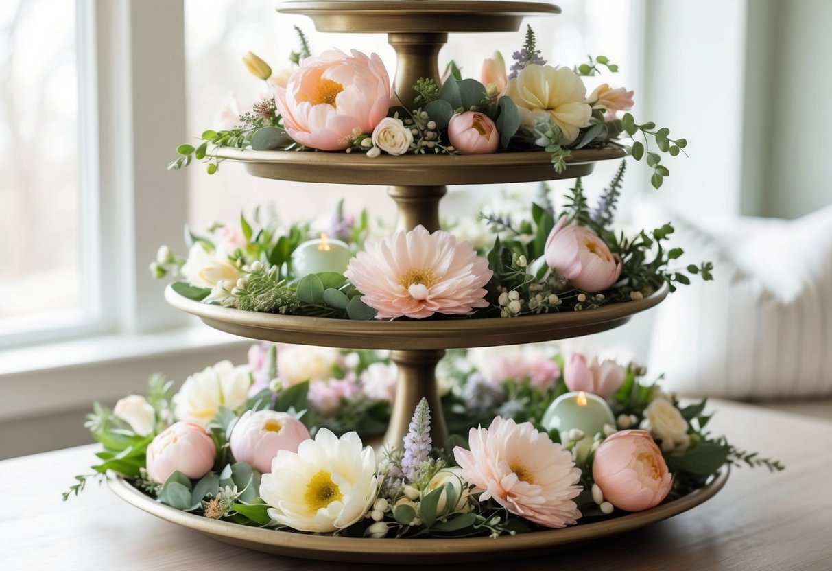 A tiered tray adorned with pastel flowers, greenery, and delicate springtime decor