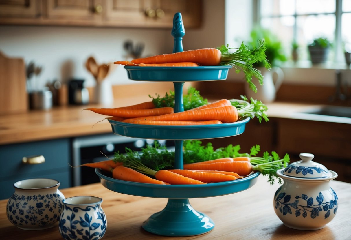 A tiered tray displays an assortment of carrots and ceramic decor, creating a charming and rustic kitchen scene