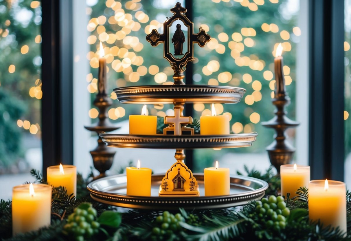 A tiered tray adorned with religious symbols and candles, surrounded by greenery and soft lighting
