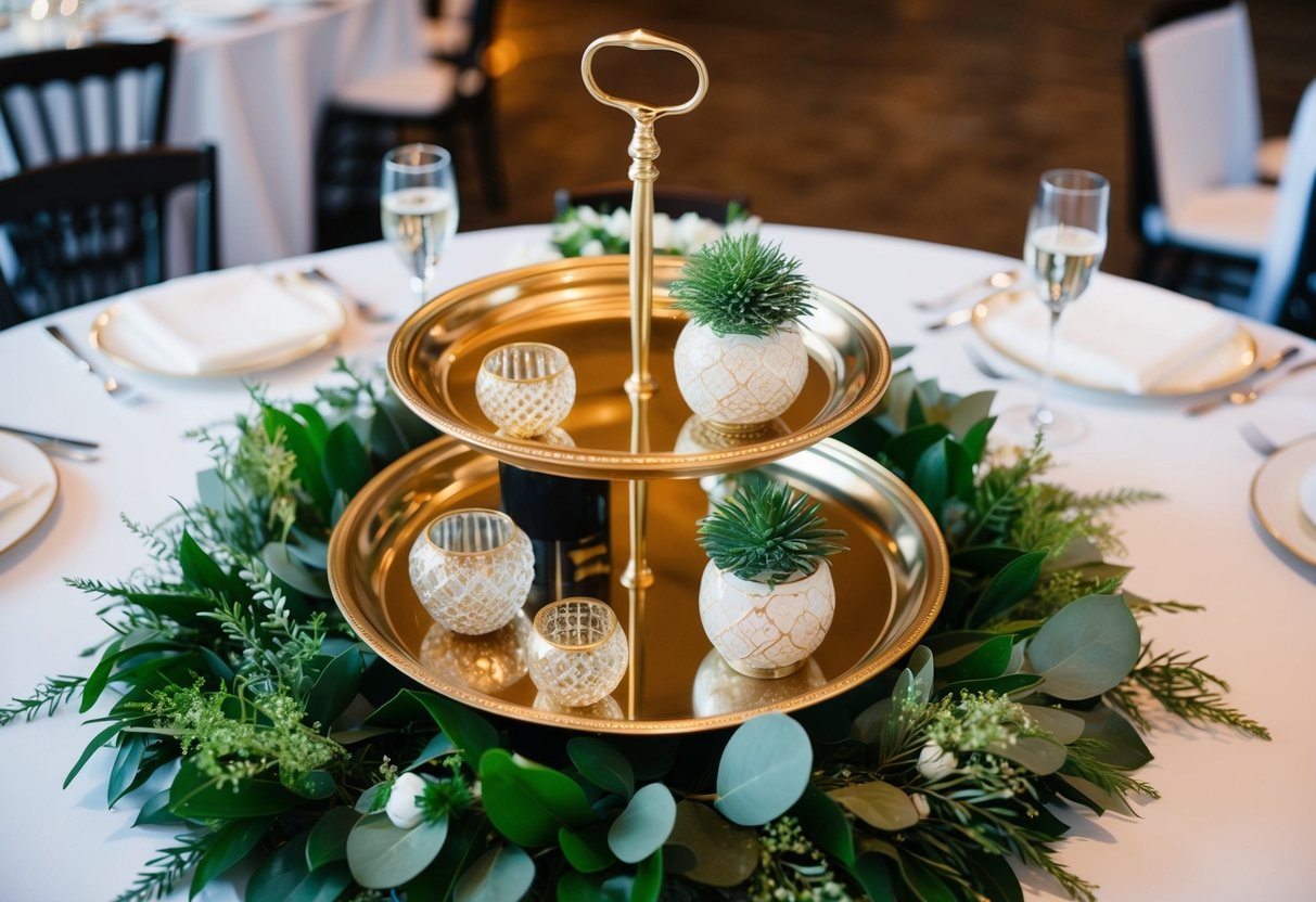 A double-tiered centerpiece tray adorned with decorative items and greenery, creating an elegant and visually appealing display