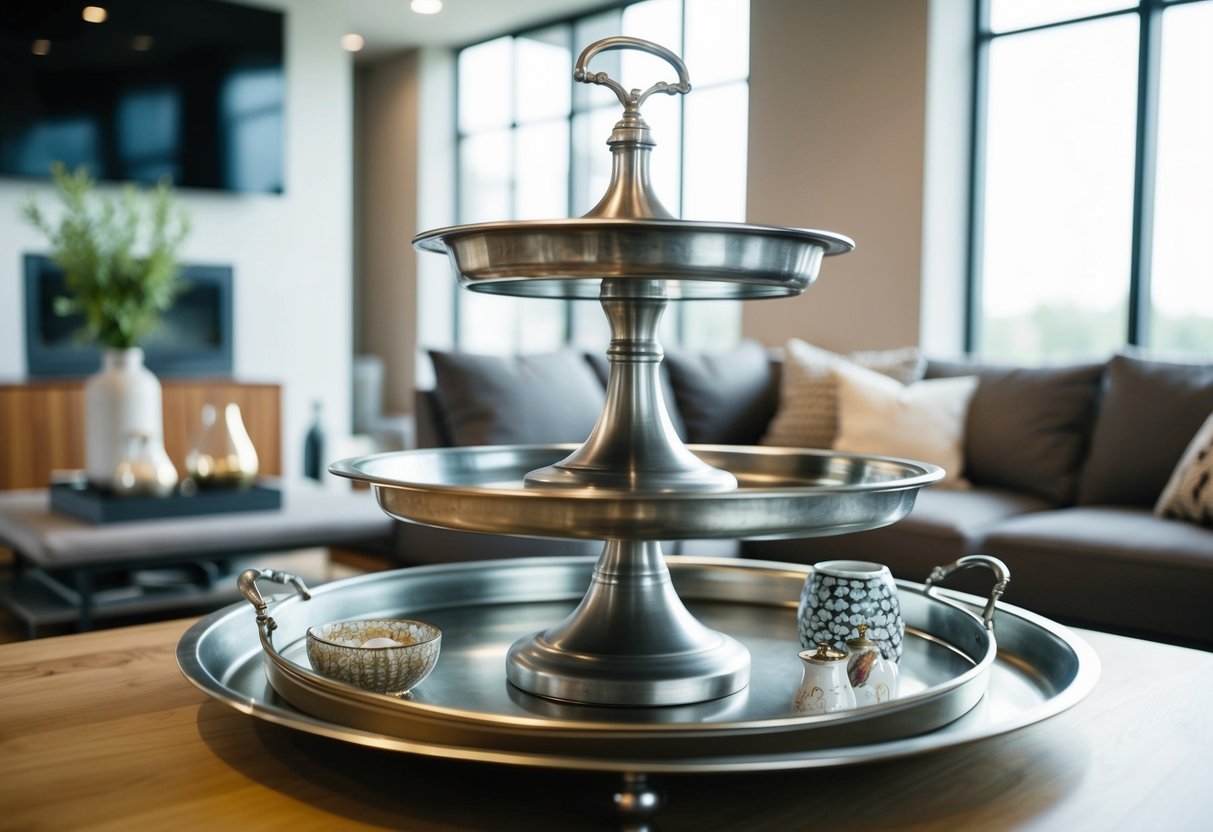 A steel centerpiece sits atop a tiered tray, surrounded by decorative items in a modern living room