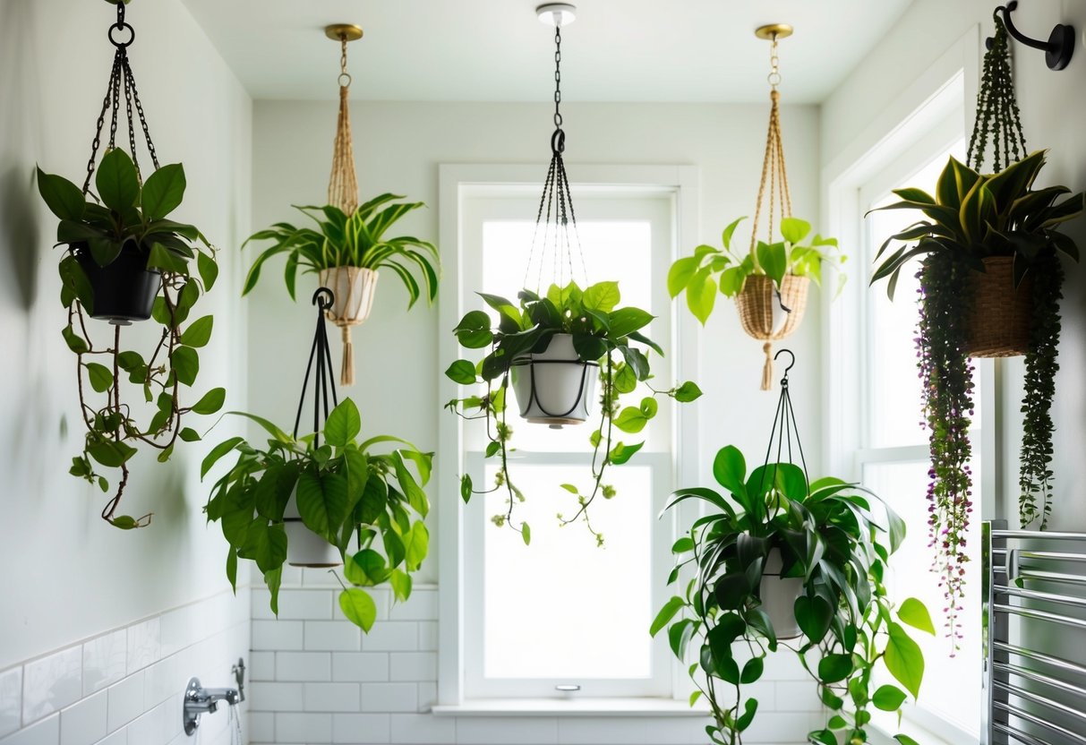 Seven lush, green hanging plants suspended from various hooks and fixtures in a bright, airy bathroom