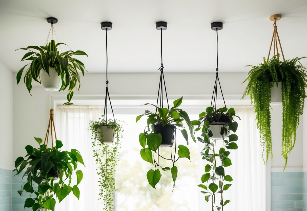 Seven lush plants hang from the ceiling in a bright, airy bathroom. Each one is suspended in a different way, showcasing the variety of options for hanging plants
