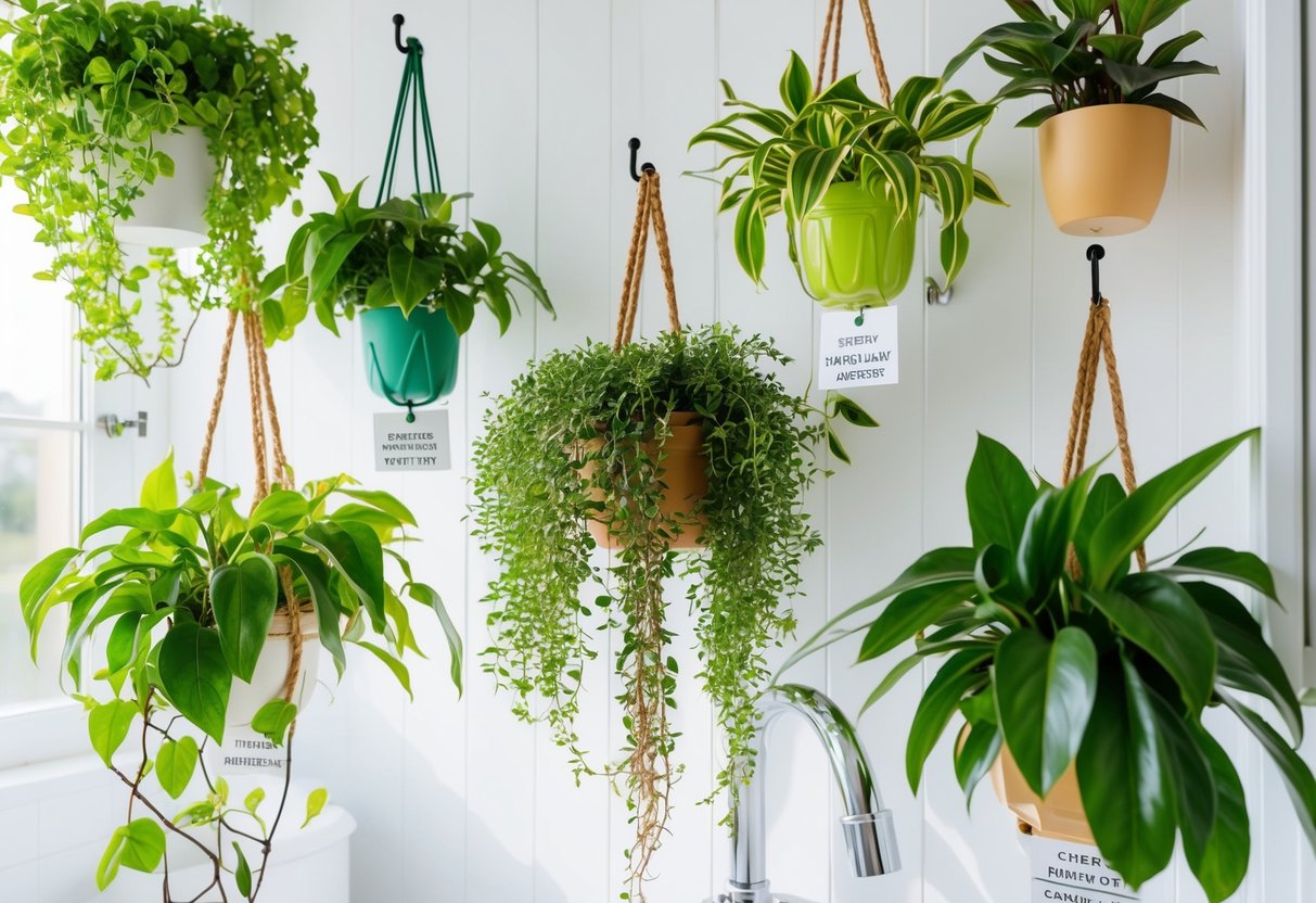 Seven lush, thriving plants suspended from hooks in a bright, airy bathroom. Each plant is labeled with its name and care instructions